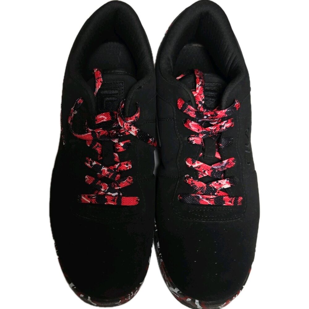 FILA Men's Disrupter Low Top Athletic Sneakers Black Red White Patterned Laces